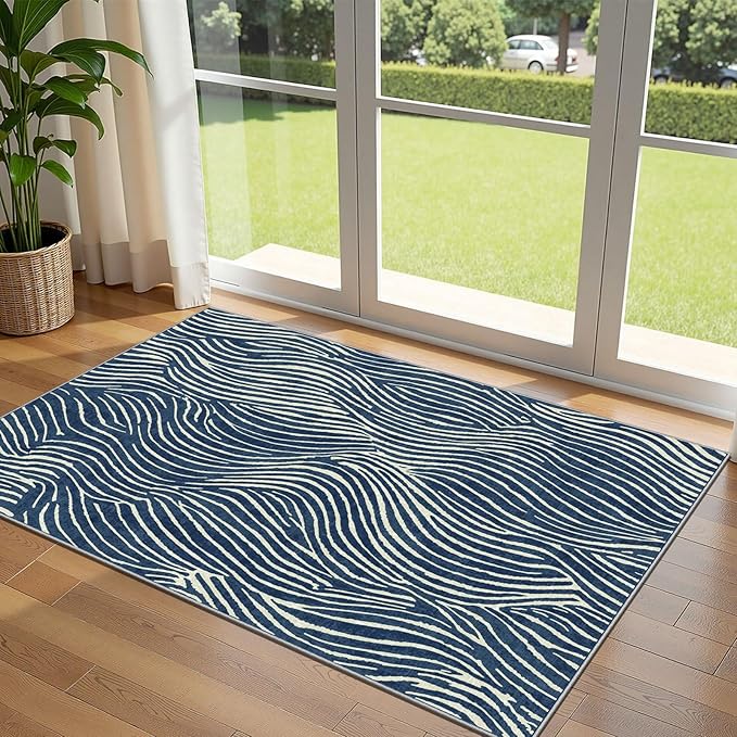 3x5 Modern Entry Rug - Small Washable Indoor Outdoor Mats for Front Door Non-Slip Porch Rug Blue White Ocean Wave Striped Throw Rugs for Living Room Bedroom Entryway Kitchen Office Porch Decor