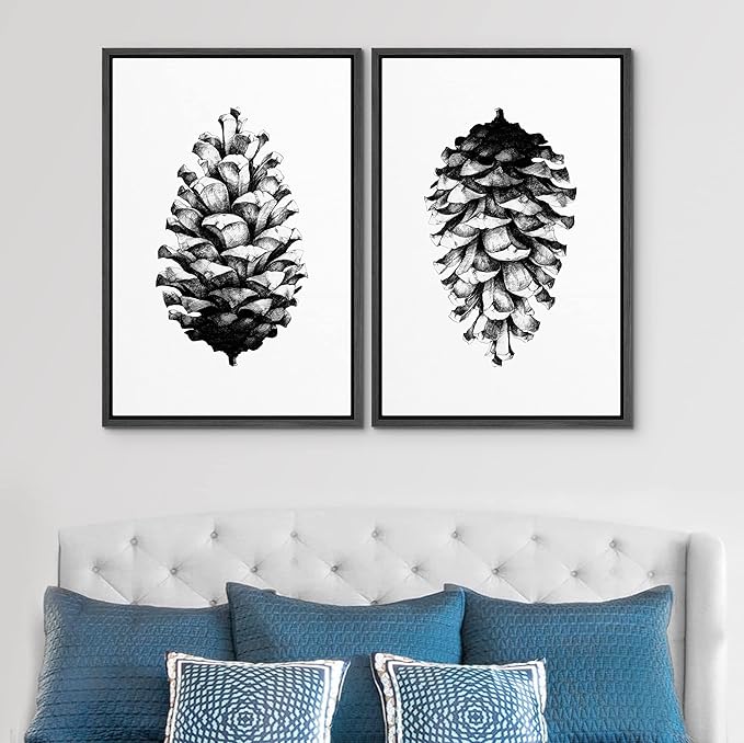 SIGNWIN Framed Canvas Print Wall Art Set Black & White Forest Woodland Pinecone Nature Wilderness Illustrations Modern Art Rustic Relax/Calm for Living Room, Bedroom, Office - 16"x24"x2 Black