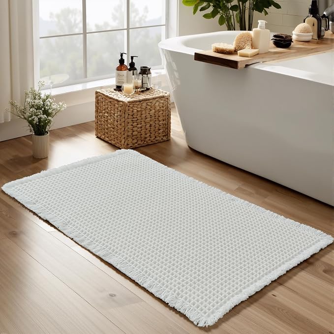 KGORGE Waffle Bathroom Rug for Shower, Ultra Soft Super Absorbent Washable Carpet Bath Mat, Quick Dry Rubber Backed Bathroom Runner Decor for Floor Toilet Bedroom, Pure White, 24" W X 47" L 1pc