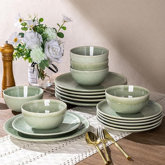 AmorArc Ceramic Dinnerware Sets for 8, 24 Pieces Handpainted Plates and Bowls Set, Scratch Resistant Stoneware Dishes Set, Dishwasher & Microwave Safe, Olive Green