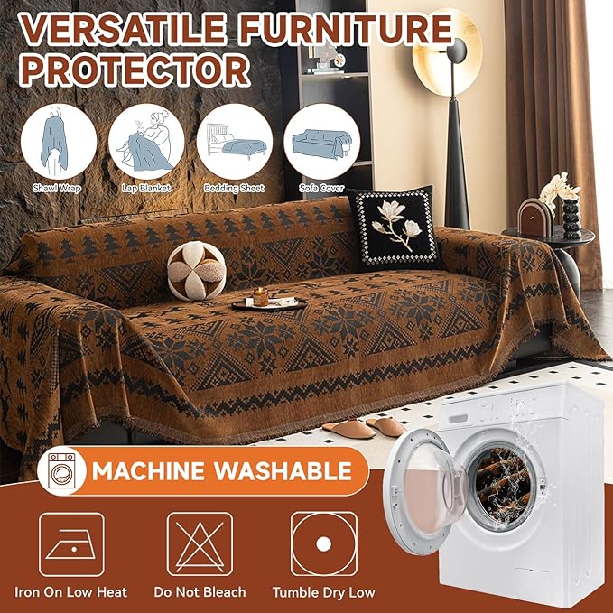 VClife Boho Couch Cover for Christmas 1 Piece Soft Warm Couch Cover for Sectional Sofa, Washable Pumpkin and Black Jacquard 3-Seaters Sofa Covers for Home Office RV 71"x150"