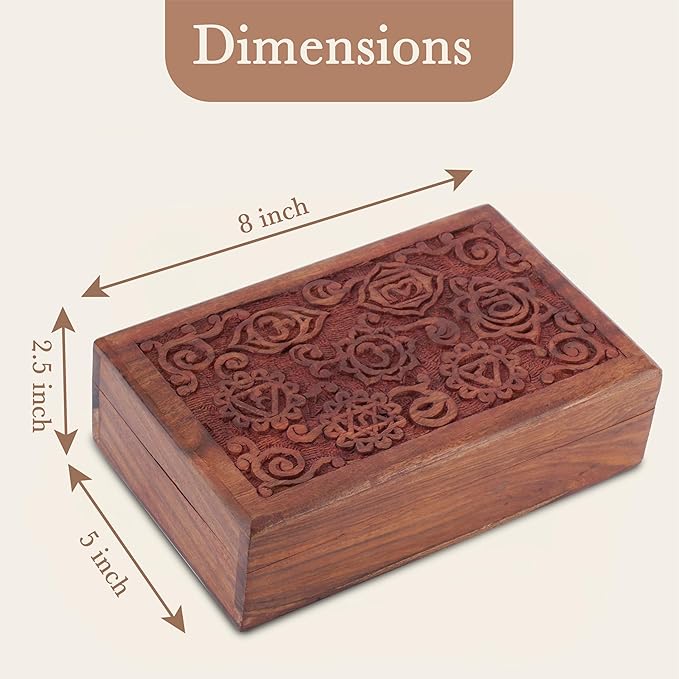 Ajuny Decorative Wooden Jewelry Box Keepsake 8 Inch - 7 Chakra Carving Box for Jewelry, Coins, Tarot Cards, Small Treasures Chest Travel Organizer