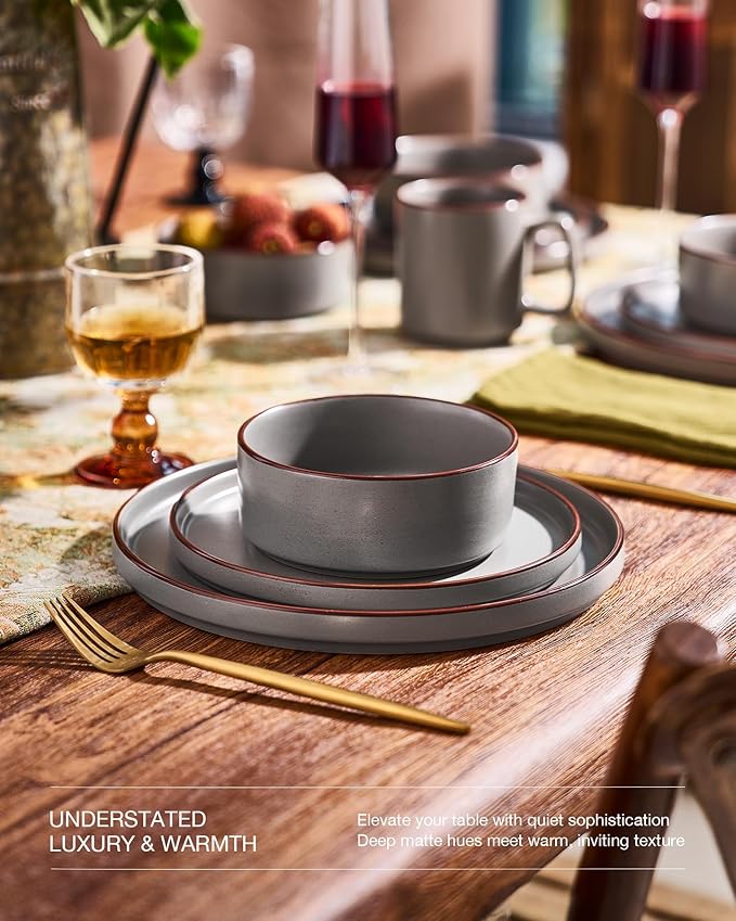 Famiware Nebula Ridge Stoneware Dinnerware Sets for 8, 24 Pieces Plates and Bowls Sets, Dishes Set, Microwave and Dishwasher Safe Kitchen Plates, Dark Gray