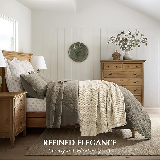EVERGRACEHOME Chunky Chenille Knit Throw Blanket for Couch, Soft Luxurious Moss Stitch Blankets for Bed, Cozy Decorative Farmhouse Knitted Throws for Sofa, Beige, 50" x 60"