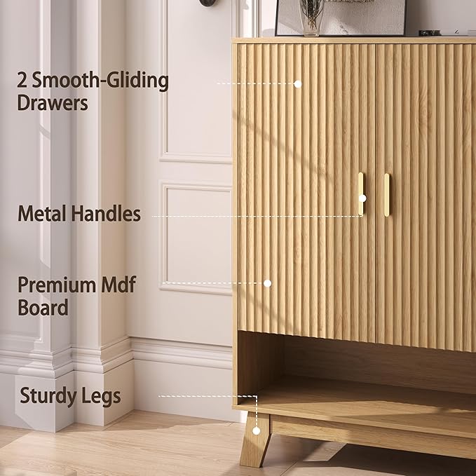 4-Tier Fluted Shoe Cabinet with 2 Doors & Open Shelf, Mid Century Modern Shoe Storage Organizer with Adjustable Shelves, Metal Handles & Wood Legs, Hidden Shoe Rack for Entryway, Hallway