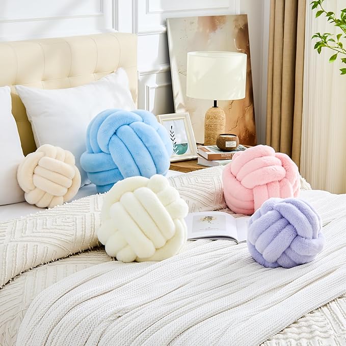 Uvvyui Knot Pillow Ball Home Decorative Pillows Round Throw Pillow with Faux Rabbit Fur Handmade Knotted Plush Pillow Aesthetic Room Decor Round Boucle Pillow Cushion (Blue, 11 Inch)
