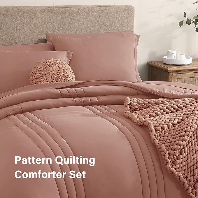 Monbix Full Size Comforter Sets - 7 Pieces Clay Pink Bed in a Bag Full Size Bedding Sets with Comforters, All Seasons Comforter with Sheets, Pillowcases & Shams