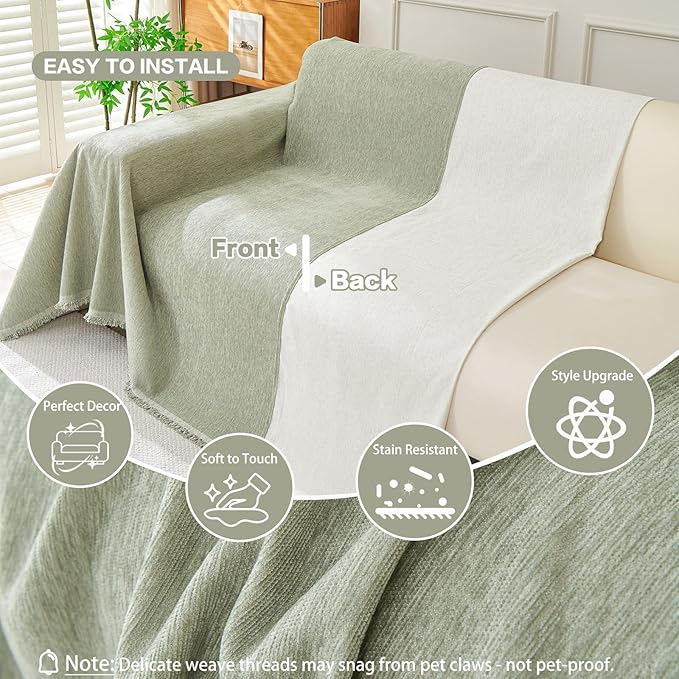 DREAMINGO Sofa Covers Washable Thick Chenille Couch Cover for 3 Cushion Couch Sofa Multi-Use Couch Cover Blanket Modern Pet Furniture Protector Sectional Couch Slipcover 71"x134", Sage Green