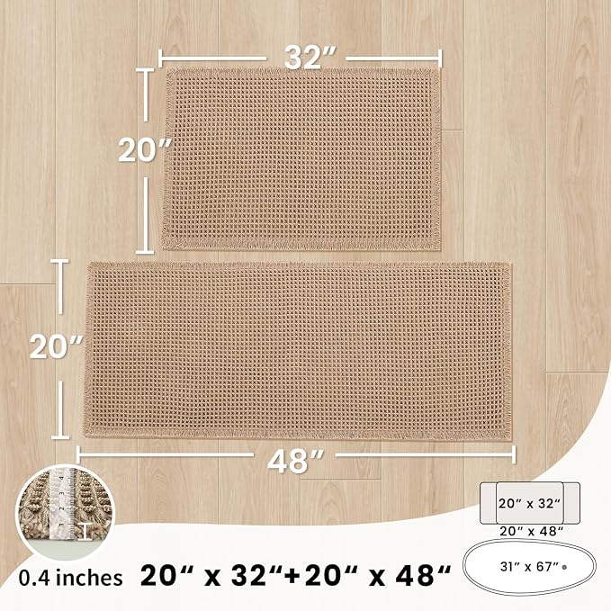 Large Bathroom Rugs Sets 2 Piece - Waffle Bath Mat Non Slip, Extra Absorbent Washable Bathroom Mats for Tub and Shower, Quick Dry Spa Decor, 20x32 & 20x48, Khaki