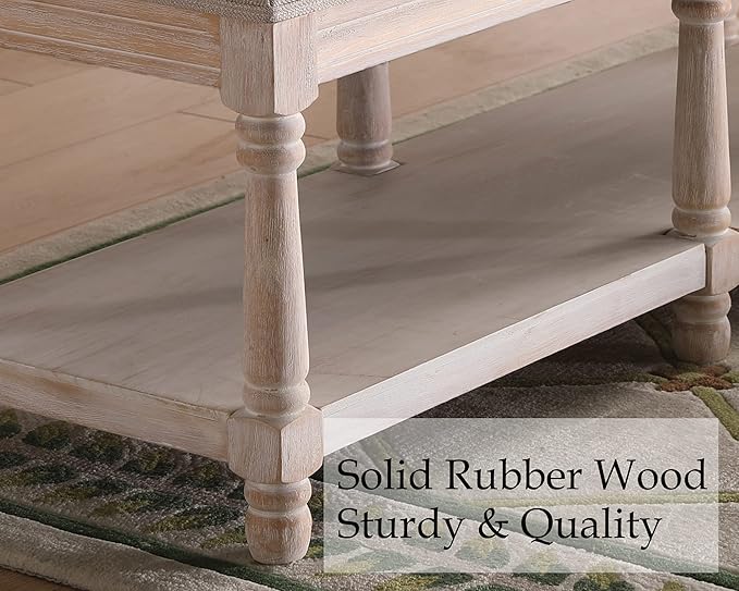 Farmhouse Storage Bench Wooden Entryway Upholstered Tufted Ottoman Bench for Bedroom End of Bed Hallway Organizer, Beige