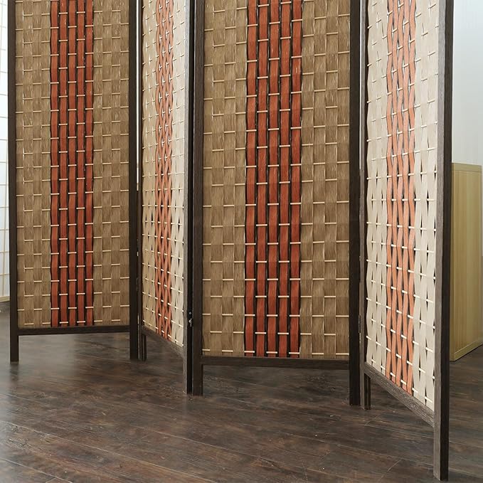 Furnnylane 4 Panel Rattan Room Divider, 5.9 ft Tall Double-Sided Blackout Folding Privacy Screen for Room Separation, with Beige and Orange Panels for Home & Office (70.9" H x 70.9" W)