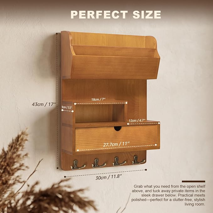 Rebee Vision Pine Wood Key Holder Wall Mount for Home Decor – Wall-Mounted Key Rack with 4 Anchor Style Hooks Attach the Leash – Rustic Mail Organizer for Apartment Essentials (Yellow)