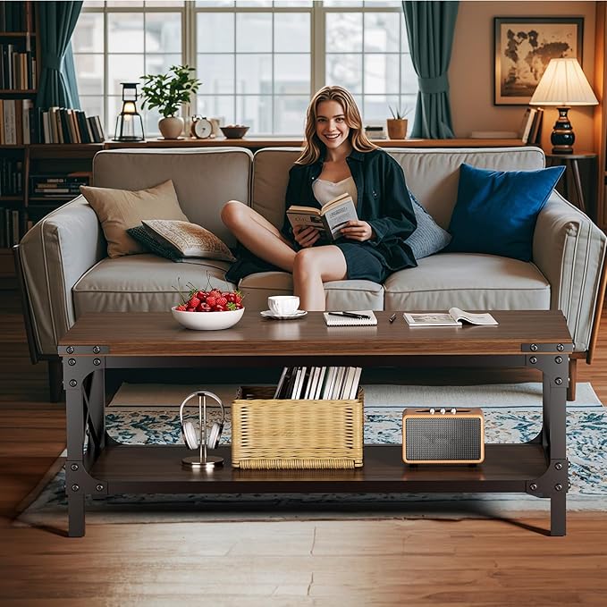 Rectangle Coffee Tables for Living Room, Wood Rectangular Coffee Table, 2 Tier Dark Brown Modern Center Table with Thickened Tabletop and Metal Frame, 47 inch Long (Walnut)