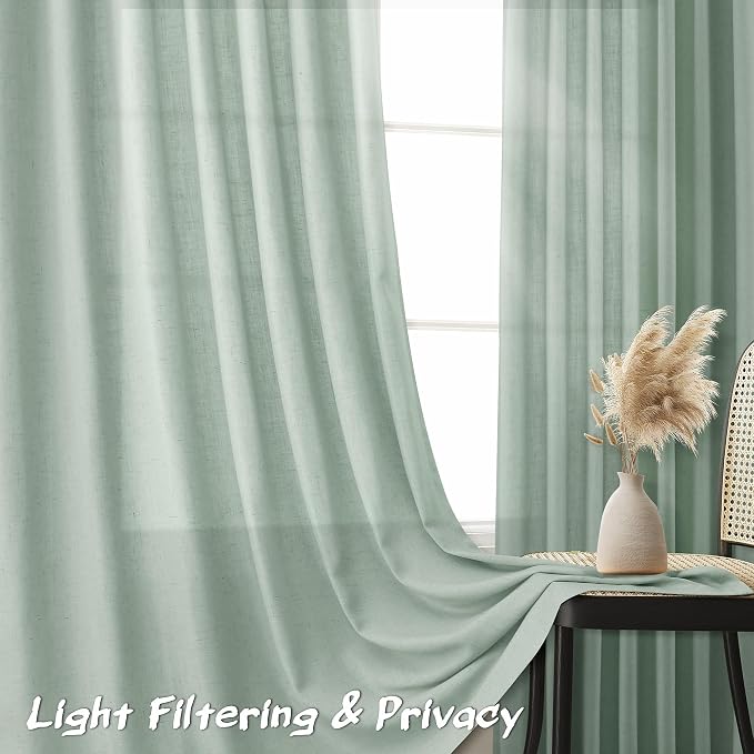 Joywell Aqua Green Linen Curtains 108 Inches Length Light Filtering Neutral Farmhouse Boho Rod Pocket Back Tab Hook Belt Clip Rings Semi Sheer Window Drapes for Bedroom Living Room 2 Panels 52x108