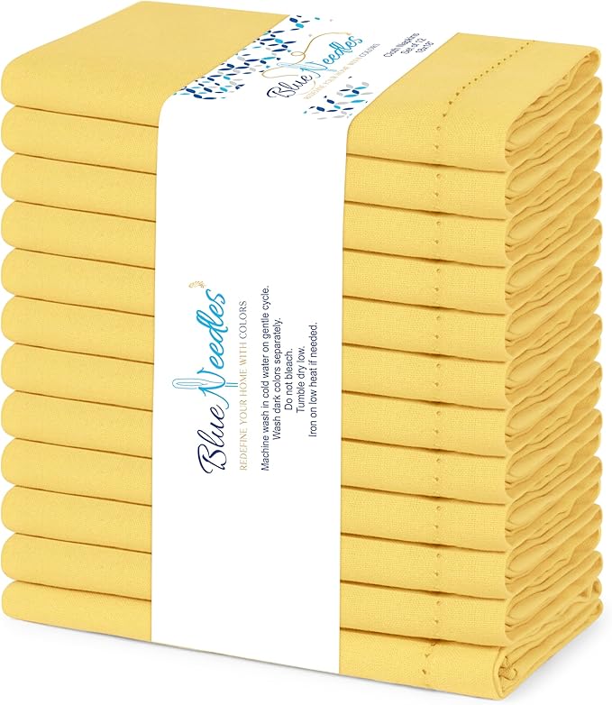 Blue Needles Set of 12 Hemstitch Linen Napkins 100% Cotton Lemon Yellow Cloth Dinner Napkins 18x18 inches - Spring Summer Easter - Soft, Reusable, Absorbent, Washable, Ideal for Parties & Everyday Use
