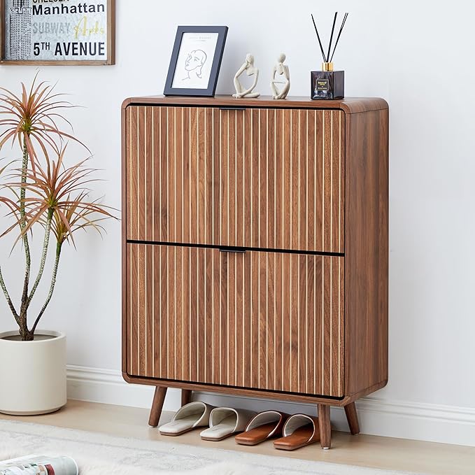 FurSch Fluted Shoe Cabinet Storage for Entryway,Slim Shoe Cabinet with 2 Flip Drawers, Narrow Shoes Rack Organizer (All Walnut, 2 Drawers)