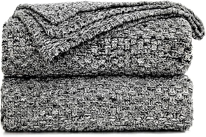 Longhui bedding 100% Cotton Knitted Throw Blanket – Black White, Soft & Cozy, Machine Washable, 60"x80" – Perfect for Living Room, Couch, Sofa, Bed or Travel