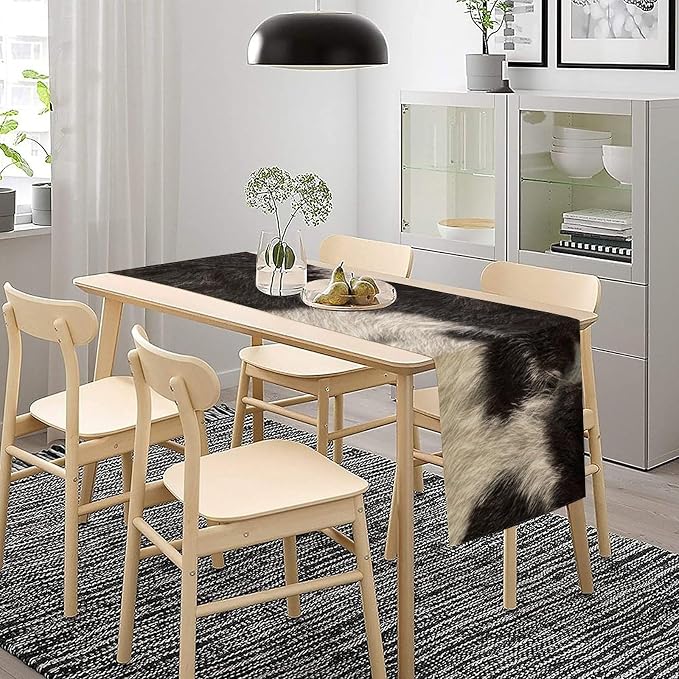 Cowhide Table Runner Black and White Milk Cow Western Style 3D Cow Fur Skin Texture Table Runner for Living Room Kitchen Dining Table Decoration 13x108in