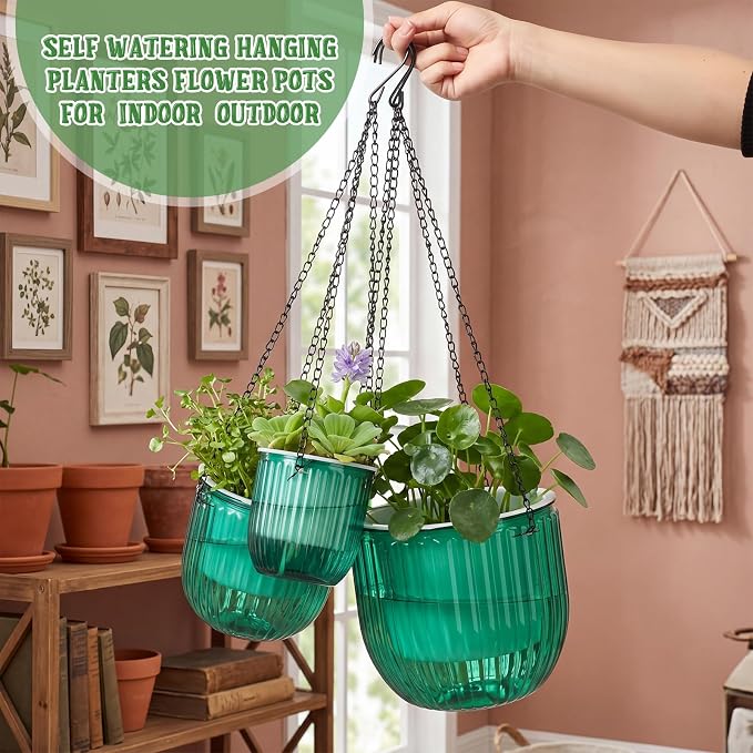 Maxcheck 3 Pcs Self Watering Hanging Planters Indoor Gift 6.9'' 6.5'' 4.5'' Hanging Flower Pots Baskets Outdoor Emerald Self Watering Plant with 3 Hooks Drainage Holes for Home