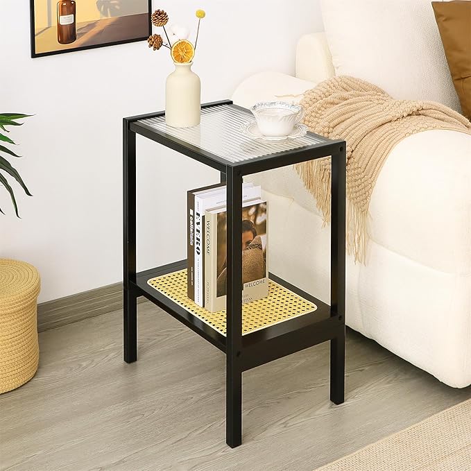 2-Tier Bamboo Side Table, Modern Glasstop Rattan Side Table, Mid Century Wood Sofa-Side End Tables for Living Room, Bedroom Night Stand with Storage, Small Narrow Coffee Tables, Black