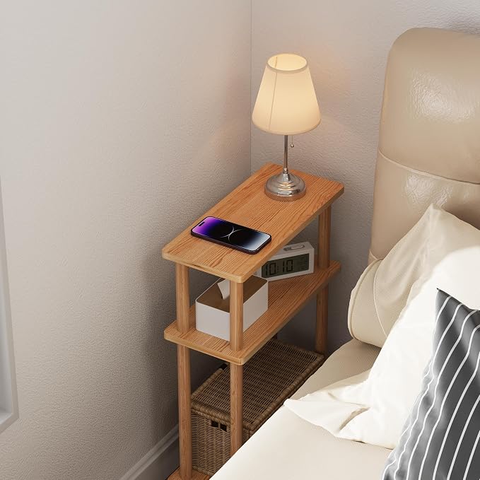 Apicizon Small Narrow Side Table, 3-Tier Skinny End Table for Small Spaces, Slim Nightstand with Storage Shelf, Bedside Table for Living Room, Bedroom, Natural