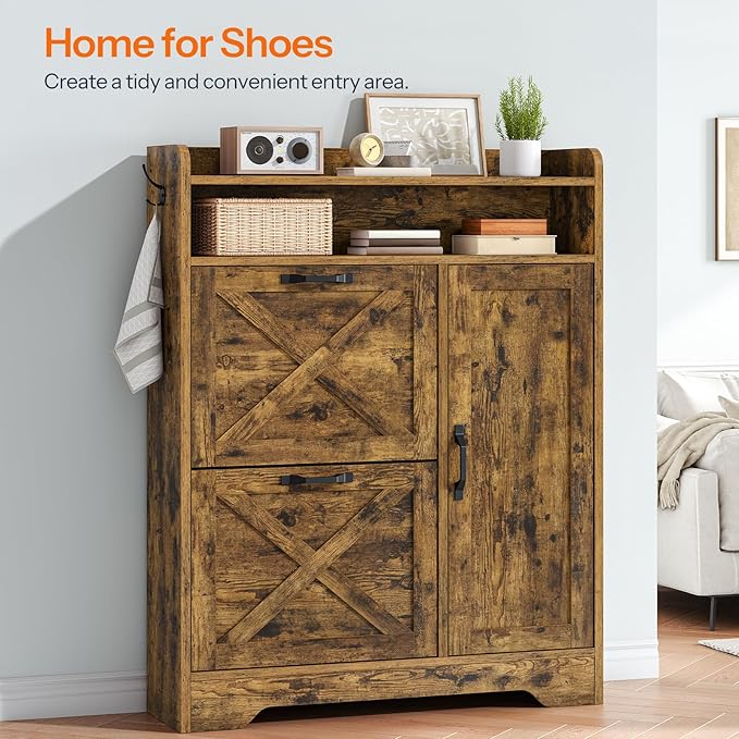 HOOBRO Slim Shoe Cabinet with 2 Flip Drawers & Side Storage, Narrow Shoe Storage Cabinet for Entryway, Wooden Shoe Organizer for Small Spaces, Adjustable Shelves, Rustic Brown FG90SC01US