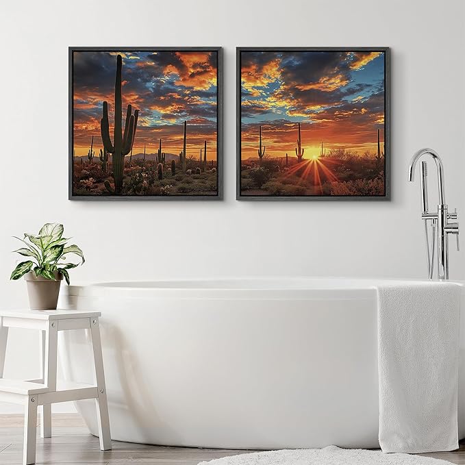 SIGNFORD Framed Canvas Print Wall Art Set Desert Sunset Cactus Artwork, Dramatic Sky Southwest Landscape Illustrations Modern Art Minimal Relax/Calm for Living Room, Bedroom, Office - 24"x24"x2 BLACK