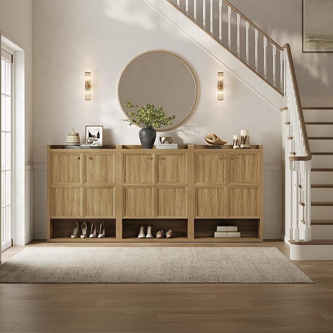 SICOTAS Shoe Cabinet Storage for Entryway - 24-Pair Shoe Cabinets with Doors and Adjustable Shelves, Modern 33.9" Wide 7-Tier Shoes Storage Cabinet for Hallway Mudroom Closet Living Room, Brown Oak