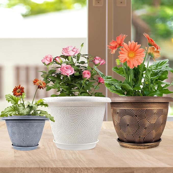 Fodetyff 10 Inch Flower Pots Planters for Indoor Outdoor Plants, 3 Pack Plastic Large Plant Pots with Drainage Hole & Tray, Modern Decorative Garden Pot with Saucer, Plant Container for House