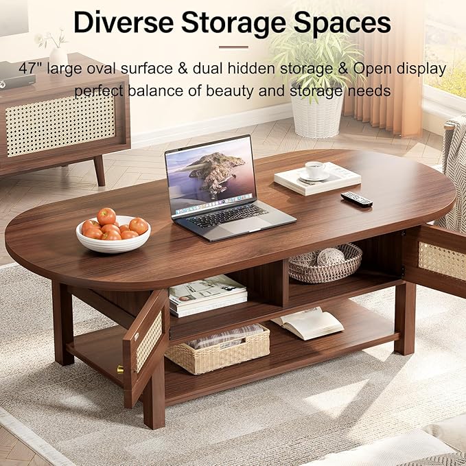 LVB Rattan Coffee Table, Boho Wood Living Room Table with Storage, Oval Modern 2-Tier Cocktail Tea Table with Doors & Open Shelf, Farmhouse Vintage Center Tables for Bedroom Office, Walnut, 47Inch