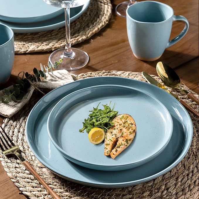 AmorArc Ceramic Dinnerware Sets for 4, 12 Pieces Handpainted Plates and Bowls Set with Rustic Terracotta Underside, Scratch Resistant Stoneware Dishes Set, Dishwasher & Microwave Safe, Stone Blue