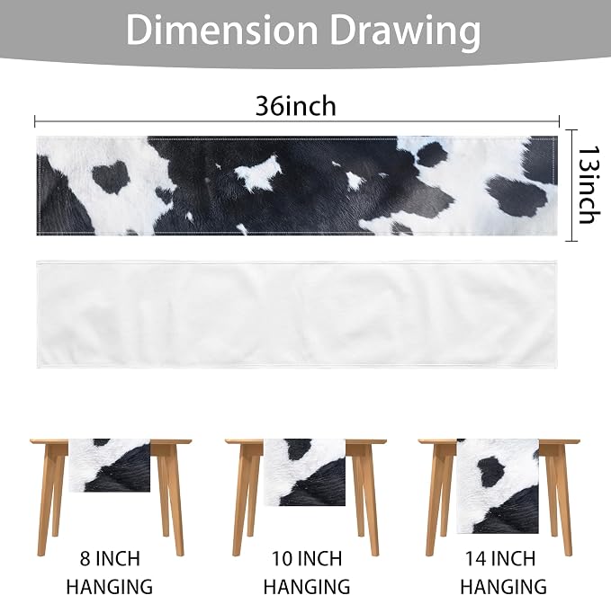 Linen Cow Print Table Runner 13x71 Inch Farmhouse Western White Black Cowhide Runners Table Decorations Rustic Coffee Table Runner for Home Kitchen Dining Room