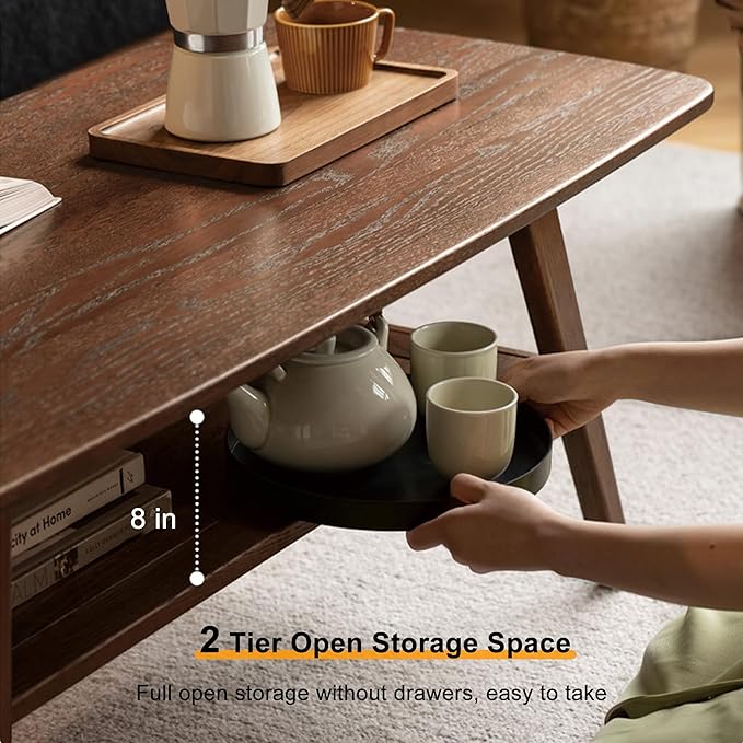Modern Solid Oak Wood Coffee Table, 2-Tier Small Wooden Coffee Table with Storage Shelf for Living Room, Apartment, Office(32''D x 20''W x 18''H)