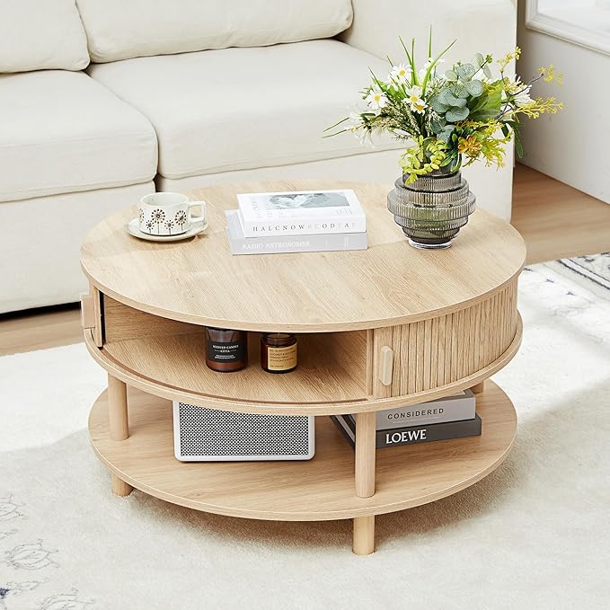XUZENEST 31.5” Round Coffee Table with Storage, Mid Century Modern 2 Tier Coffee Table with Tambour Sliding Door, Solid Wood Legs Fluted Center Table for Living Room Home Office Small Space, Natural