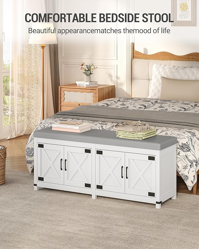 Hzuaneri Shoe Storage Bench, 2 Tier Shoe Bench with Padded Seat Cushion & 4 Barn Doors, Entryway Bench with Adjustable Shelf, Farmhouse Shoe Cabinet for Living Room, Bedroom, White SB31203GY