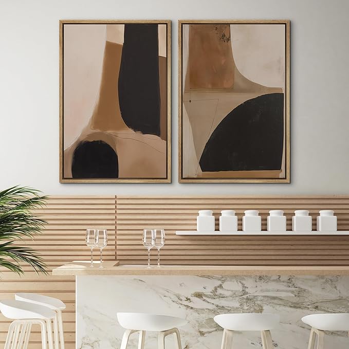 SIGNWIN Framed Canvas Print Wall Art Set Warm Neutral Abstract Shapes Illustrations Modern Art Rustic Colorful Ultra for Living Room, Bedroom, Office - 24"x36"x2 Natural
