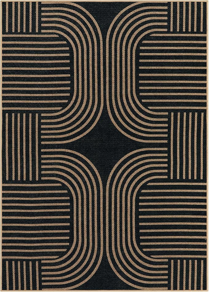 Lahome Enfys Modern Geometric Outdoor Easy Jute Rug, 5x7 Patio Living Room Rug Large Black Carpet for Bedroom, Farmhouse Washable Indoor Outdoor Carpet for Dining Room Backyard Deck