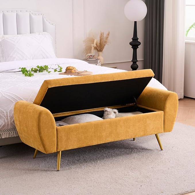 Storage Bench for Bedroom, 55" Extra Long Bench for King Size Bed, Modern Upholstered End of Bed Ottoman Bench with Arms for Entryway Living Room (Chenille, Mustard Yellow)