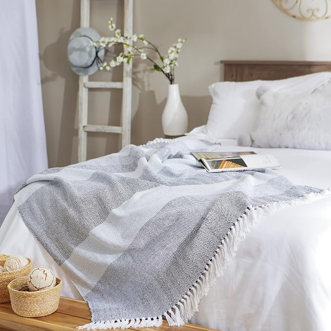 DII Herringbone Striped Collection Cotton Throw Blanket, 50x60, Blue