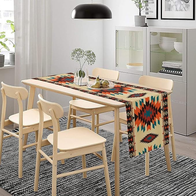Aztec Southwest Retro Table Runner Vintage Geometry Triditional Ethnic Style Garden Farmhouse Dining Table Decoration for Living Room Kitchen 13x108in