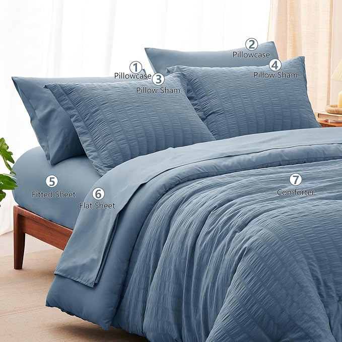 CozyLux California King Comforter Set with Sheets 7 Pieces, Grayish Blue Seersucker Bed in a Bag Cal King Luxury Bedding Sets with Down Alternative Comforter, Sheets, Pillowcases & Shams, Dusty Blue