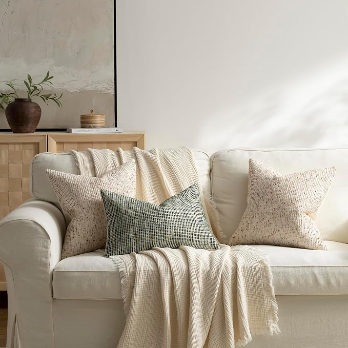Pack of 2 Neutral Throw Pillow Covers 22x22 Boho Textured Dots Stripe Chenille Large Square Decorative Pillow Cases Accents for Living Room Couch Bed Farmhouse Home Decor, Beige
