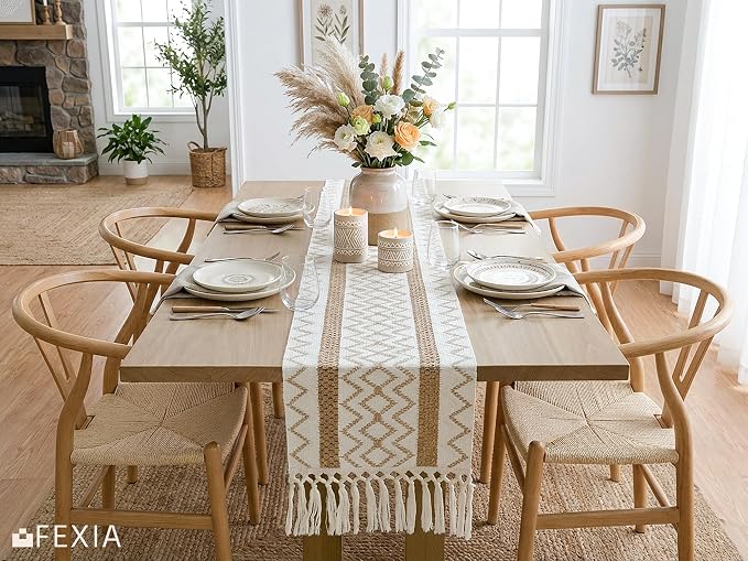 FEXIA Macrame Woven Bobo Table Runner with Hollow and Tassels Design 12x72 Inches for Home Decor Farmhouse Rustic Table Decoration for Living Room, Dining Room