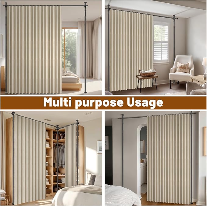 AJAZZ Room Divider Curtain (Beige, W100 x L96 in, 1 Panel)+ Curtain Rods No Drilling Adjustable Tension (H) 43-120×(W) 35-100 in, Heavy Duty Wall Divider for Apartment/Dorm