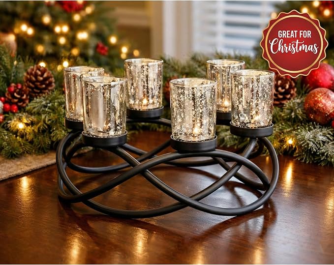 Seraphic Kitchen Table Centerpiece Decor, Tealight Candle Holder, Silver | Christmas Wedding & Event Decor, Round Patio Umbrella Centerpiece, Wrought Iron 6 Votive Holders, 10.5in Round