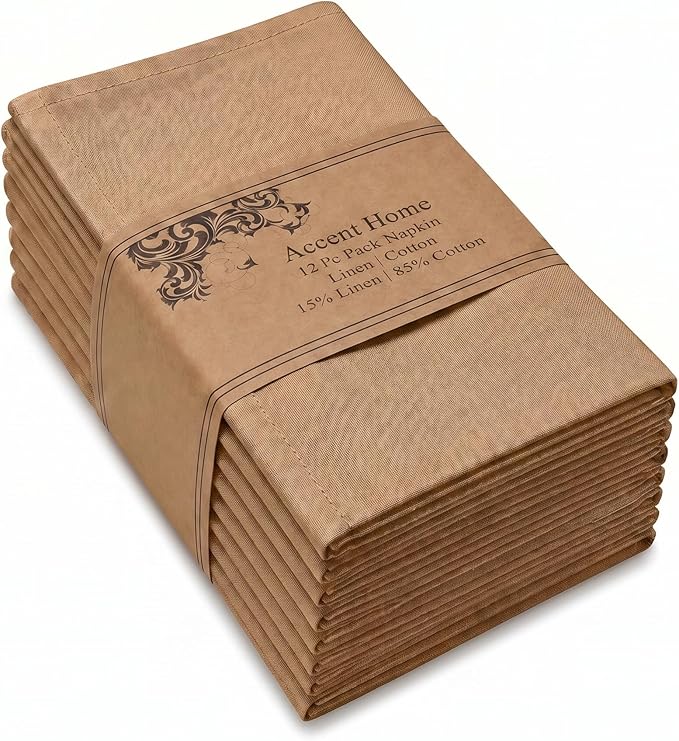 ACCENTHOME Brown Cotton Linen Napkin Set of 12 18x18 inch Dinner Napkins - Washable Soft Premium Hotel Quality Reusable Napkins Perfect Table Napkins for Family Dinners, Weddings & Everyday Use