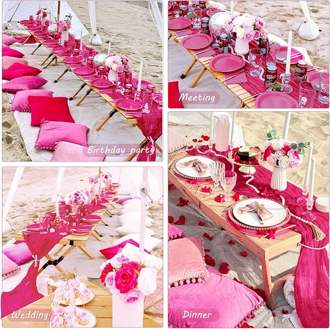 12 Pack Boho Gauze Table Runner - 35x120 Inch Rustic Cheese Cloth Long Runner for Wedding, Bridal Shower, Birthday Party Decor (Hot Pink)