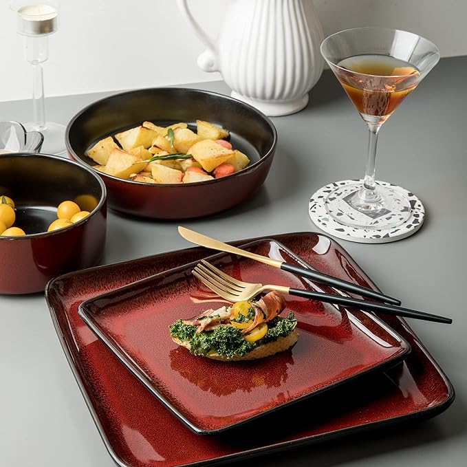 Arora FLACKAR Square Stoneware 16pc Dinnerware Set for 4, Dinner Plates, Side Plates, Cereal Bowls, Mugs - Reactive Glaze Red (485450)