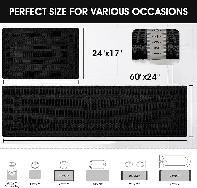 Upgraded Waffle Bath Mat Set 2 Piece Black-Looped, Super Absorbent Non-Slip Quick Dry Bathroom Rugs with Tassels, Machine Washable Ultra Soft Boho Bath Rugs for Floor, Toilet Mats Boho Farmhouse Decor
