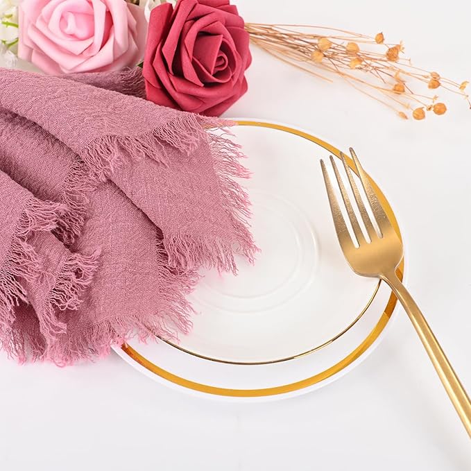 36 Pack Dusty Rose Handmade Cloth Napkins 16 x 16 Inch Cotton Linen Napkins with Fringe, Washable and Reusable Napkins, Soft Rustic Boho Fringe Cloth Napkins for Dinners,Parties, Wedding